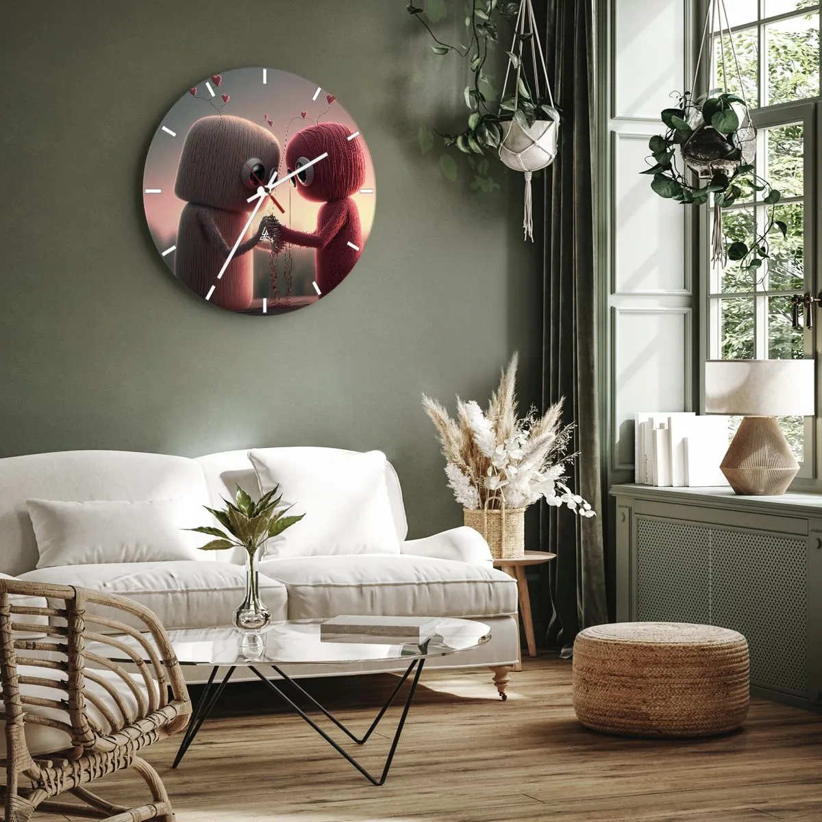 Ceas de perete - Ceas pe sticlă - Două figuri de lână ținându-se de mână la apus - 30x30cm - Toată lumea are voie să iubească - Decorațiune modernă pentru perete pentru living, bucătărie și dormitor ARTTOR