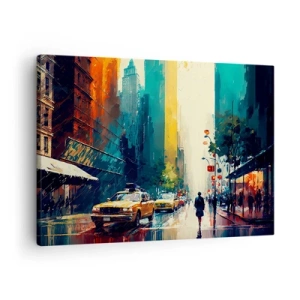 Tablou pe pânză Canvas - Un oraș aglomerat cu taxiuri și trecători - 70x50cm - New York - aici și ploaia este colorată - Decorațiune modernă pentru perete pentru living și dormitor ARTTOR