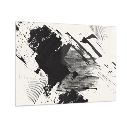Tablou pe sticlă - Abstracție expresivă în alb și negru cu tușe dinamice. - 70x50cm - Abstracție - expresie de negru - Decorațiune modernă pentru perete pentru living și dormitor ARTTOR