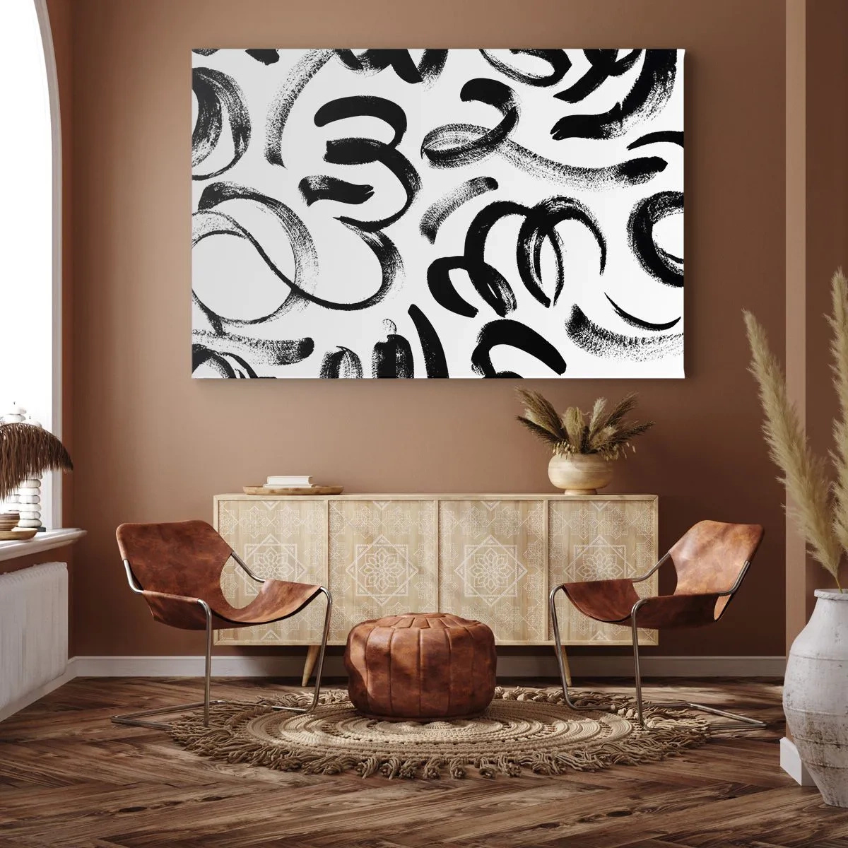 Tablou pe pânză Canvas - Tușe de pensulă abstracte negre pe fundal alb - 70x50cm - Negru pe alb - Decorațiune modernă pentru perete pentru living și dormitor ARTTOR