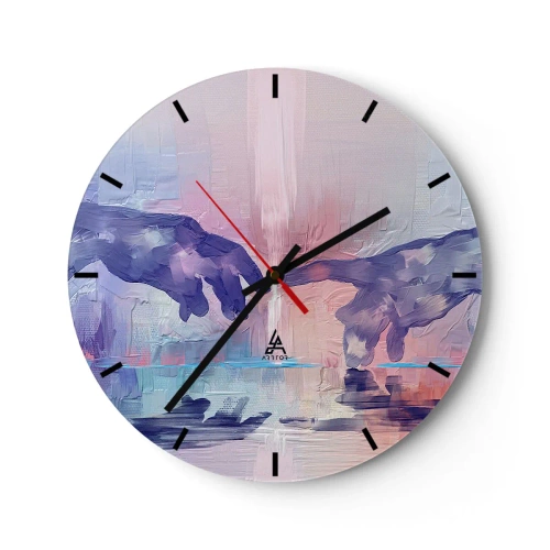 Ceas de perete - Ceas pe sticlă - Două mâini în abstracție pastelată inspirată de artă - 30x30cm - Scânteia divină a vieții - Decorațiune modernă pentru perete pentru living, bucătărie și dormitor ARTTOR