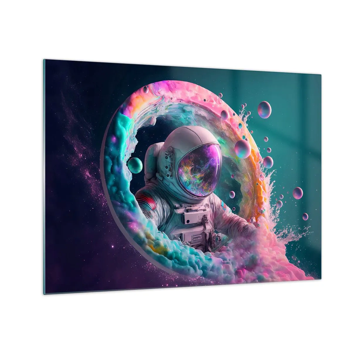 Tablou pe sticlă - Astronautul în spațiul colorat - 70x50cm - Poarta stelară - Decorațiune modernă pentru perete pentru living și dormitor ARTTOR