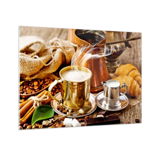 Tablou pe sticlă - O cană aurie de cafea cu lapte înconjurată de cereale și croissante - 70x50cm - O zi bună! - Decorațiune modernă pentru perete pentru living și dormitor ARTTOR