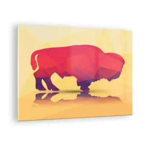 Tablou pe sticlă - Bizon geometric în culori calde - 70x50cm - Puterea amarantului de zimbru - Decorațiune modernă pentru perete pentru living și dormitor ARTTOR