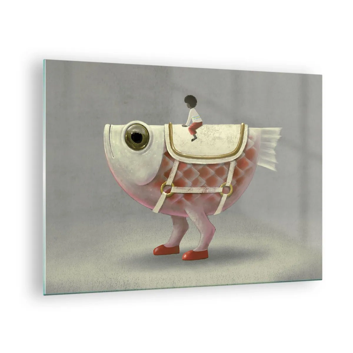 Tablou pe sticlă - O figură călare pe un pește roz cu picioare și o șa - 70x50cm - Călărețul Pescărel - Decorațiune modernă pentru perete pentru living și dormitor ARTTOR