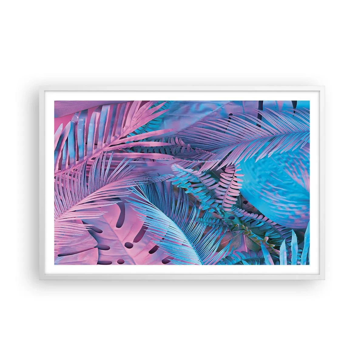 Poster în ramă albă - Palmieri în alb și albastru - 91x61 cm