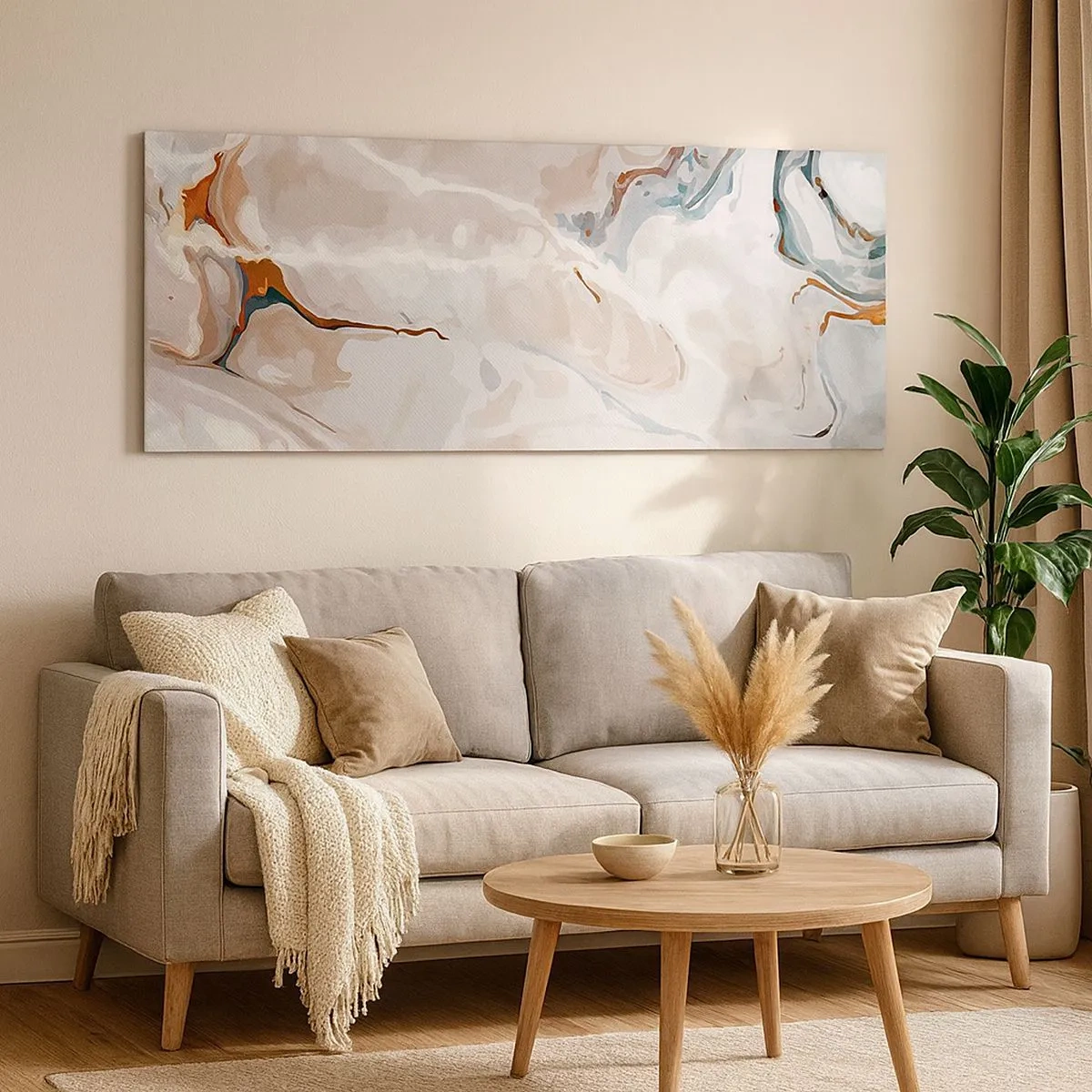 Tablou pe pânză - Meandre albastre sub alb - 100x40 cm