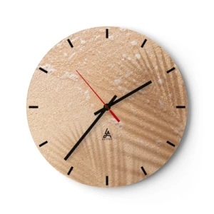 Ceas de perete - Ceas pe sticlă - Prim-plan cu nisip auriu și valuri line ale mării - 30x30cm - Umbra unei veri fierbinți - Decorațiune modernă pentru perete pentru living, bucătărie și dormitor ARTTOR
