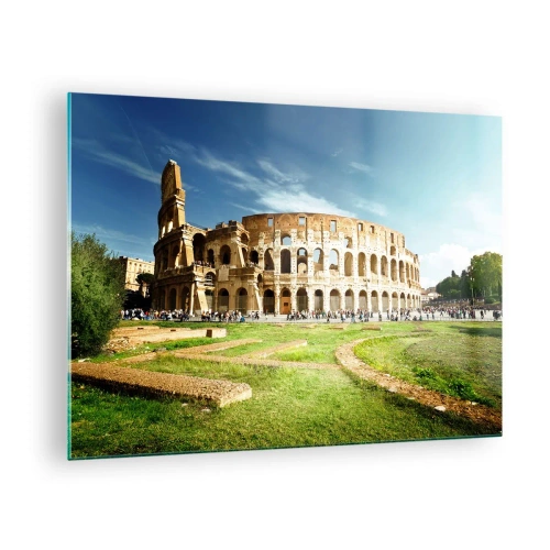 Tablou pe sticlă - Colosseumul din Roma iluminat de soare - 70x50cm - Încă mai poți auzi zgomotul armelor - Decorațiune modernă pentru perete pentru living și dormitor ARTTOR
