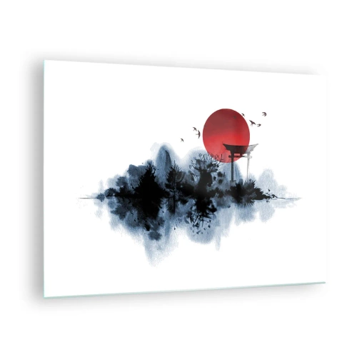 Tablou pe sticlă - Un peisaj minimalist cu o poartă torii și un soare roșu. - 70x50cm - O vedere japoneză - Decorațiune modernă pentru perete pentru living și dormitor ARTTOR