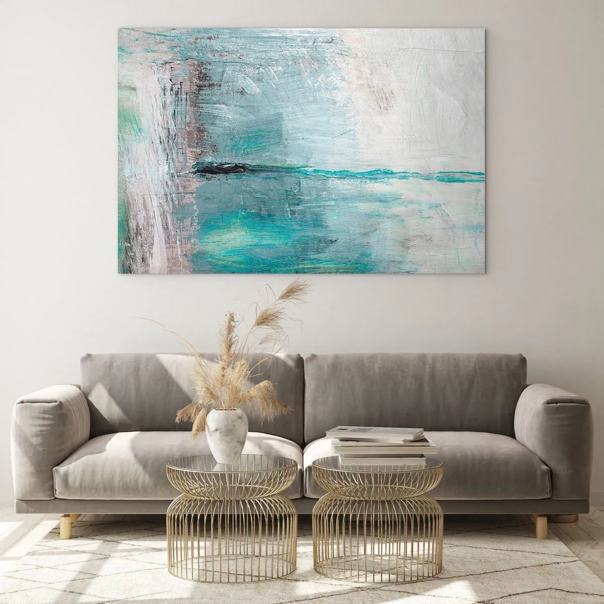 Tablou pe sticlă - Compoziție abstractă în nuanțe de albastru și gri - 70x50cm - Orizontal în albastru - Decorațiune modernă pentru perete pentru living și dormitor ARTTOR