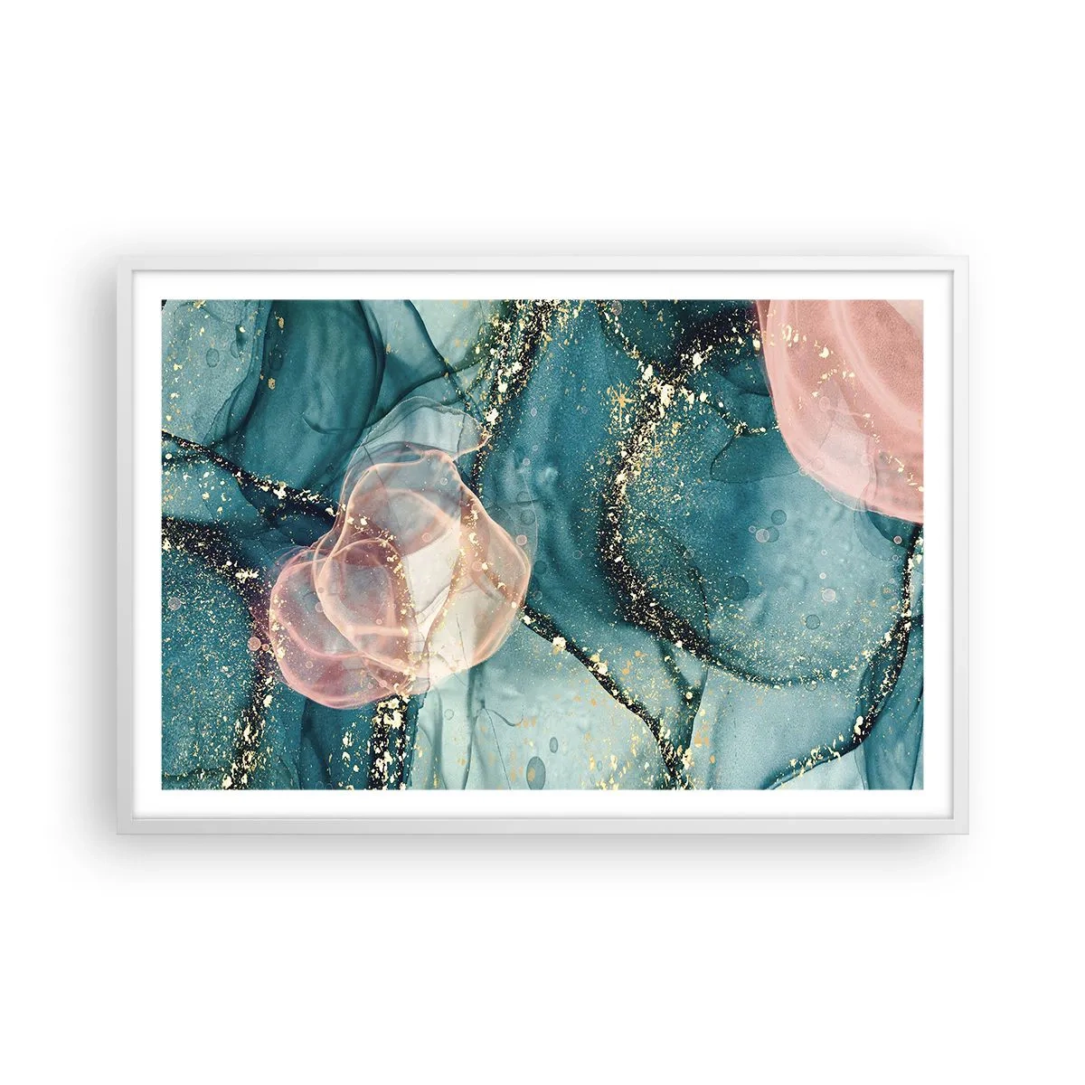 Poster în ramă albă - Mătase albastră, tul roz - 91x61 cm