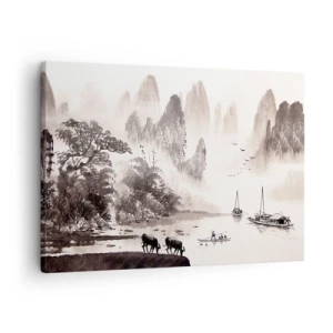 Tablou pe pânză Canvas - Un peisaj pitoresc în stil asiatic, cu munți învăluiți în ceață - 70x50cm - Viața exotică de zi cu zi a Estului - Decorațiune modernă pentru perete pentru living și dormitor ARTTOR