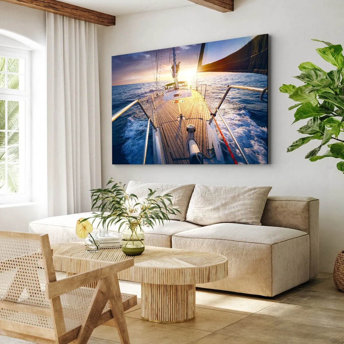 Tablou pe pânză Canvas - Iaht pe mare în timpul apusului - 70x50cm - Alergând pe valuri - Decorațiune modernă pentru perete pentru living și dormitor ARTTOR