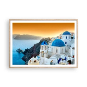 Poster în ramă de stejar deschis - Santorini - îmbrățișat de stânci - 100x70 cm