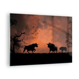 Tablou pe sticlă - Siluete de tauri pe un cer portocaliu la amurg - 70x50cm - Spectacolul dramatic al naturii - Decorațiune modernă pentru perete pentru living și dormitor ARTTOR