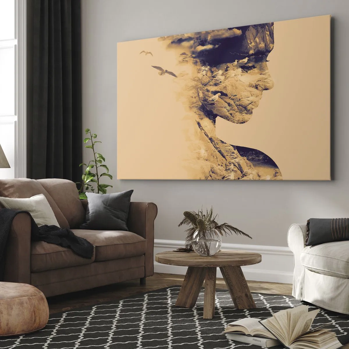 Tablou pe pânză Canvas - Profil de femeie cu natura în fundal în tonuri calde - 70x50cm - Frumoasă prin natura - Decorațiune modernă pentru perete pentru living și dormitor ARTTOR