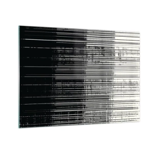 Tablou pe sticlă - Abstracție alb-negru cu linii orizontale care creează un gradient - 70x50cm - Valuri și vibrații - Decorațiune modernă pentru perete pentru living și dormitor ARTTOR