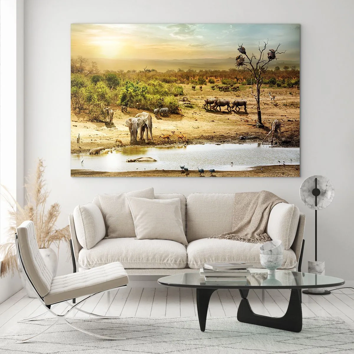 Tablou pe sticlă - Elefanți și animale la o adăpătoare pe fundalul unui peisaj african - 70x50cm - "Și din Eden curgea un râu..." - Decorațiune modernă pentru perete pentru living și dormitor ARTTOR