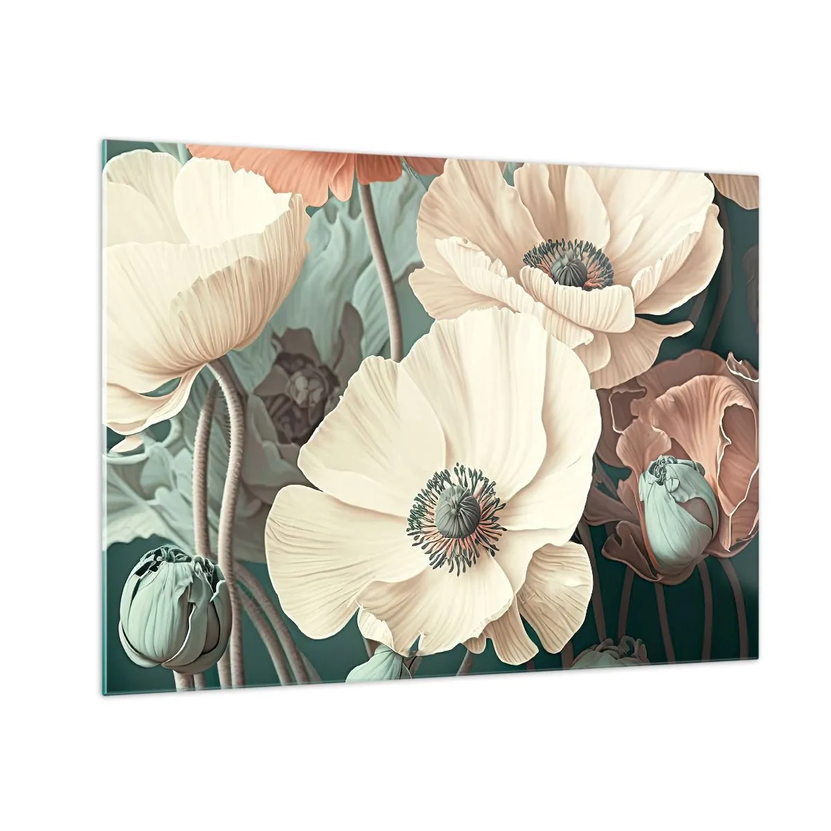 Tablou pe sticlă - Mac delicat cu cremă și somon pe un fundal închis - 70x50cm - Șoapta macilor - Decorațiune modernă pentru perete pentru living și dormitor ARTTOR