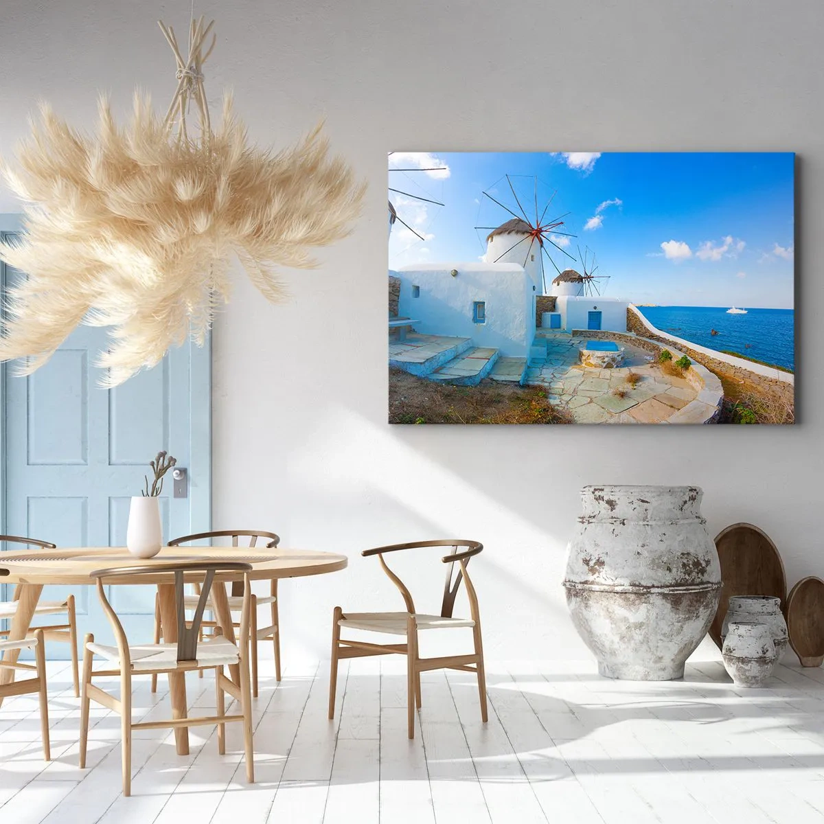 Tablou pe pânză Canvas - Mori de vânt albe pe țărmurile mării albastre - 70x50cm - Vânt albastru dinspre mare - Decorațiune modernă pentru perete pentru living și dormitor ARTTOR