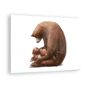 Tablou pe sticlă - O ursoaică îmbrățișează doi pui de urs - 70x50cm - Vise plăcute, copii - Decorațiune modernă pentru perete pentru living și dormitor ARTTOR
