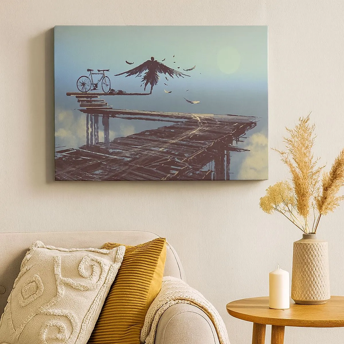 Tablou pe pânză Canvas - O siluetă cu pene plutește deasupra unui pod de lemn lângă o bicicletă. - 70x50cm - Icarus veșnic viu - Decorațiune modernă pentru perete pentru living și dormitor ARTTOR