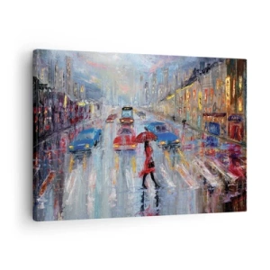 Tablou pe pânză Canvas - O femeie cu o umbrelă pe o stradă ploioasă, în lumina neonului. - 70x50cm - O după-amiază ploioasă în oraș - Decorațiune modernă pentru perete pentru living și dormitor ARTTOR