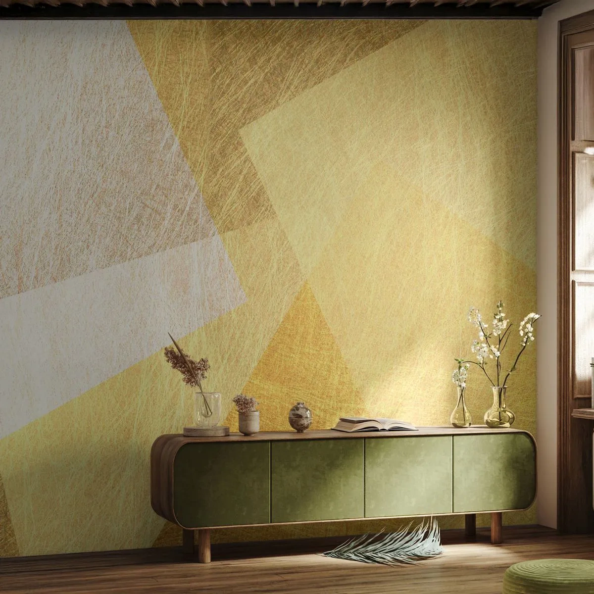 Tapet Standard Eco - Forme geometrice aurii cu efect de textură metalică - 100x70cm - Vremea de geometrie - Decorațiune modernă pentru perete pentru living și dormitor ARTTOR