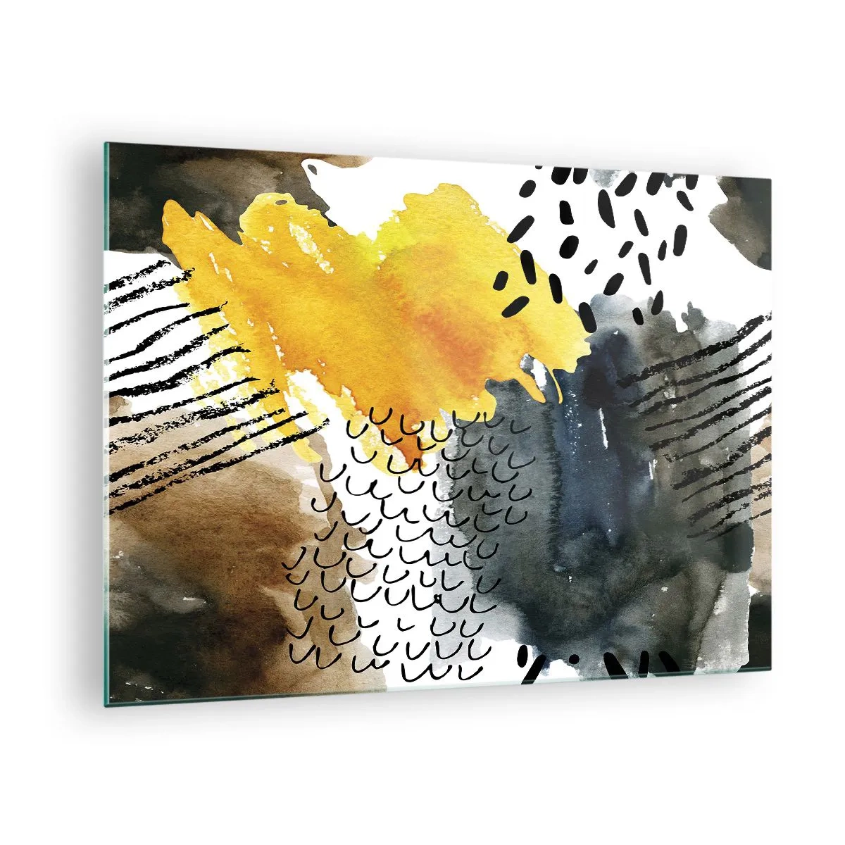 Tablou pe sticlă - O compoziție abstractă cu pete și linii în culori pământii. - 70x50cm - O întâlnire a elementelor - Decorațiune modernă pentru perete pentru living și dormitor ARTTOR
