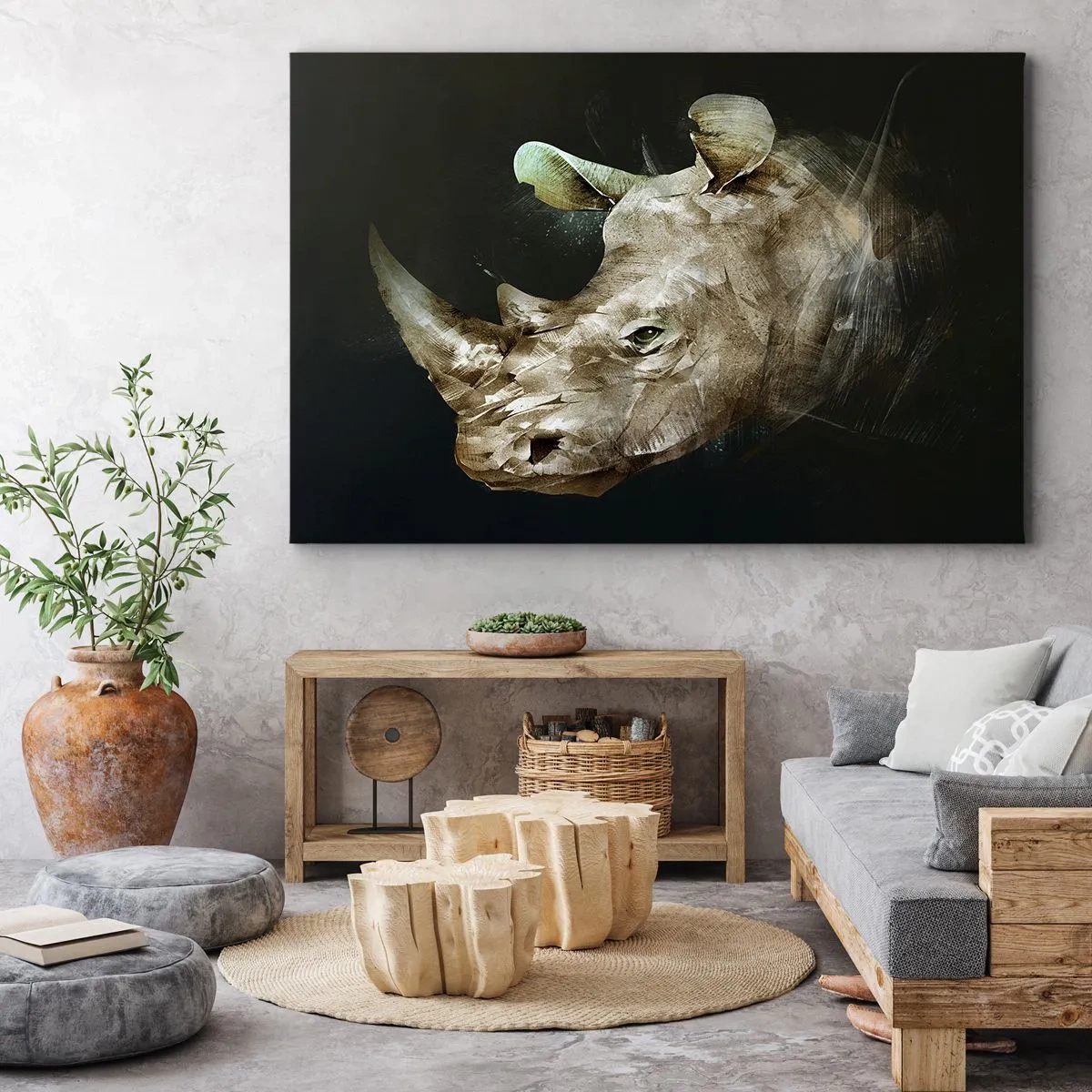 Tablou pe pânză Canvas - Portretul unui rinocer într-o formă artistică - 70x50cm - Adevărata putere masculină - Decorațiune modernă pentru perete pentru living și dormitor ARTTOR
