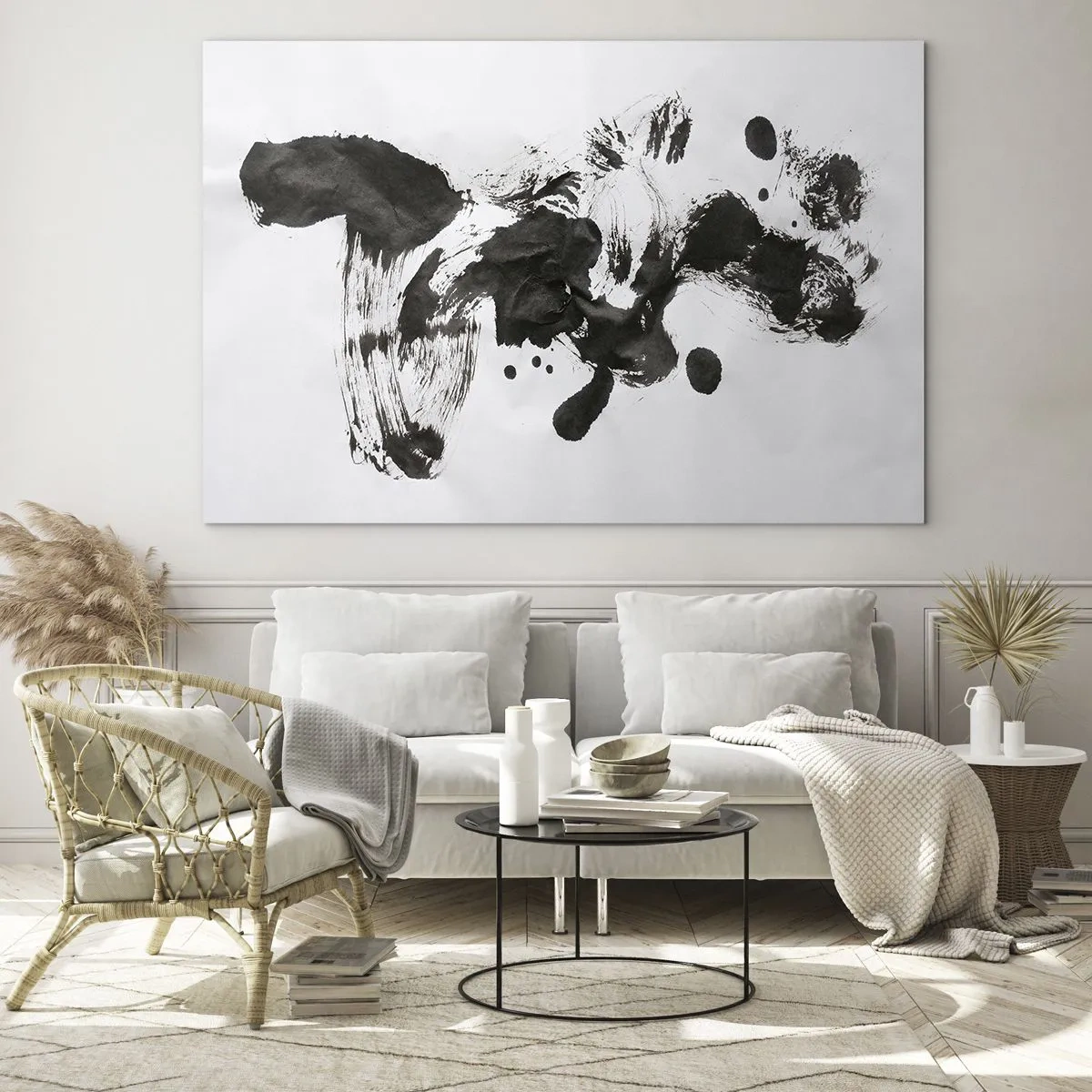 Tablou pe sticlă - Puncte negre abstracte și tușe de pensulă pe fundal alb - 70x50cm - Metodă în nebunie? - Decorațiune modernă pentru perete pentru living și dormitor ARTTOR