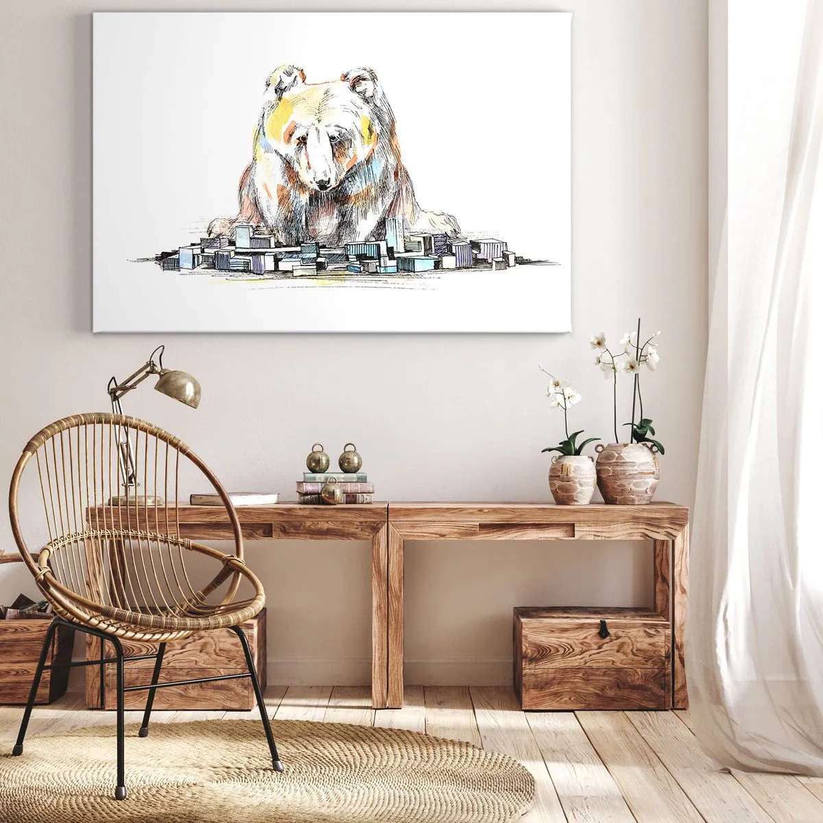Tablou pe pânză Canvas - Ilustrație a unui urs cu detalii și blocuri colorate - 70x50cm - Cum poți trăi așa? - Decorațiune modernă pentru perete pentru living și dormitor ARTTOR