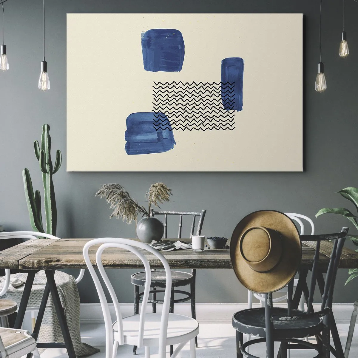 Tablou pe pânză Canvas - Compoziție abstractă cu pete albastre și linii ondulate - 70x50cm - Cvartet abstract - Decorațiune modernă pentru perete pentru living și dormitor ARTTOR