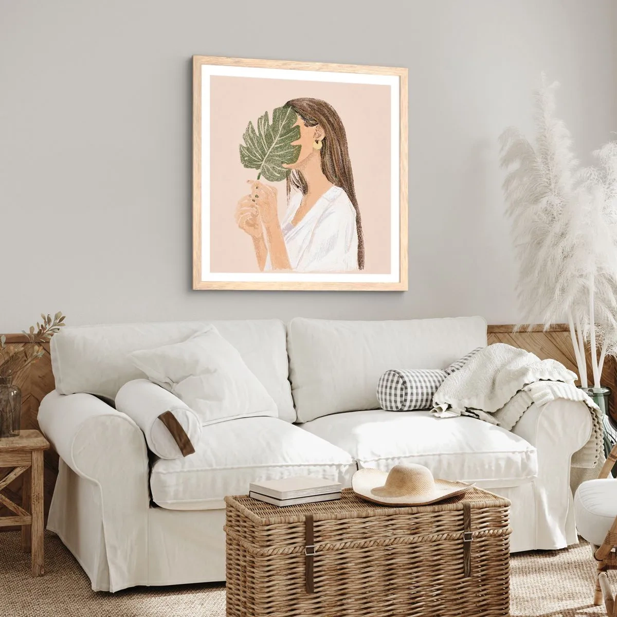 Poster în ramă de stejar deschis - Portret misterios cu un evantai - 60x60 cm