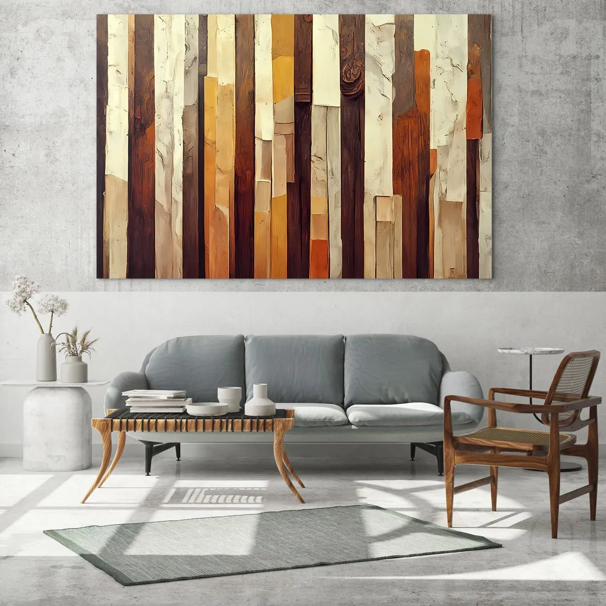 Tablou pe sticlă - O compoziție de dungi verticale în nuanțe de lemn și bej - 70x50cm - Imnul copacilor din pădure - Decorațiune modernă pentru perete pentru living și dormitor ARTTOR