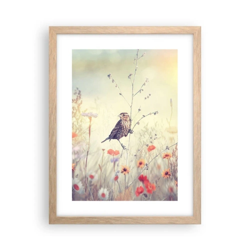 Poster în ramă de stejar deschis - Portret de pasăre cu o pajiște în fundal - 30x40 cm