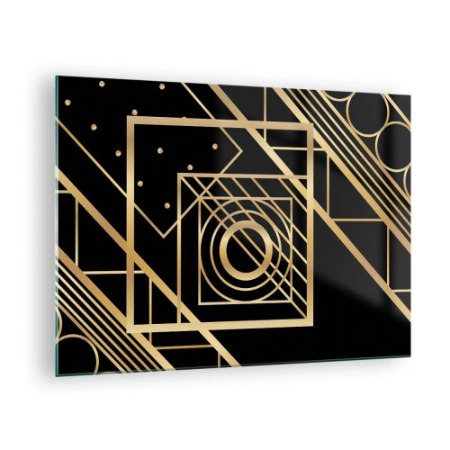 Tablou pe sticlă - Modele geometrice aurii pe fundal negru - 70x50cm - Geometrie de aur - Decorațiune modernă pentru perete pentru living și dormitor ARTTOR