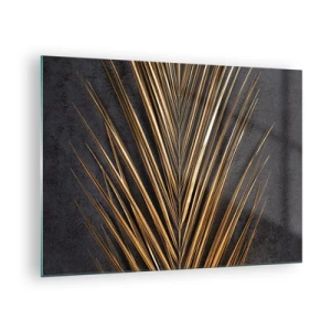 Tablou pe sticlă - Frunză de palmier aurie pe un fundal întunecat - 70x50cm - Aur tropical - Decorațiune modernă pentru perete pentru living și dormitor ARTTOR