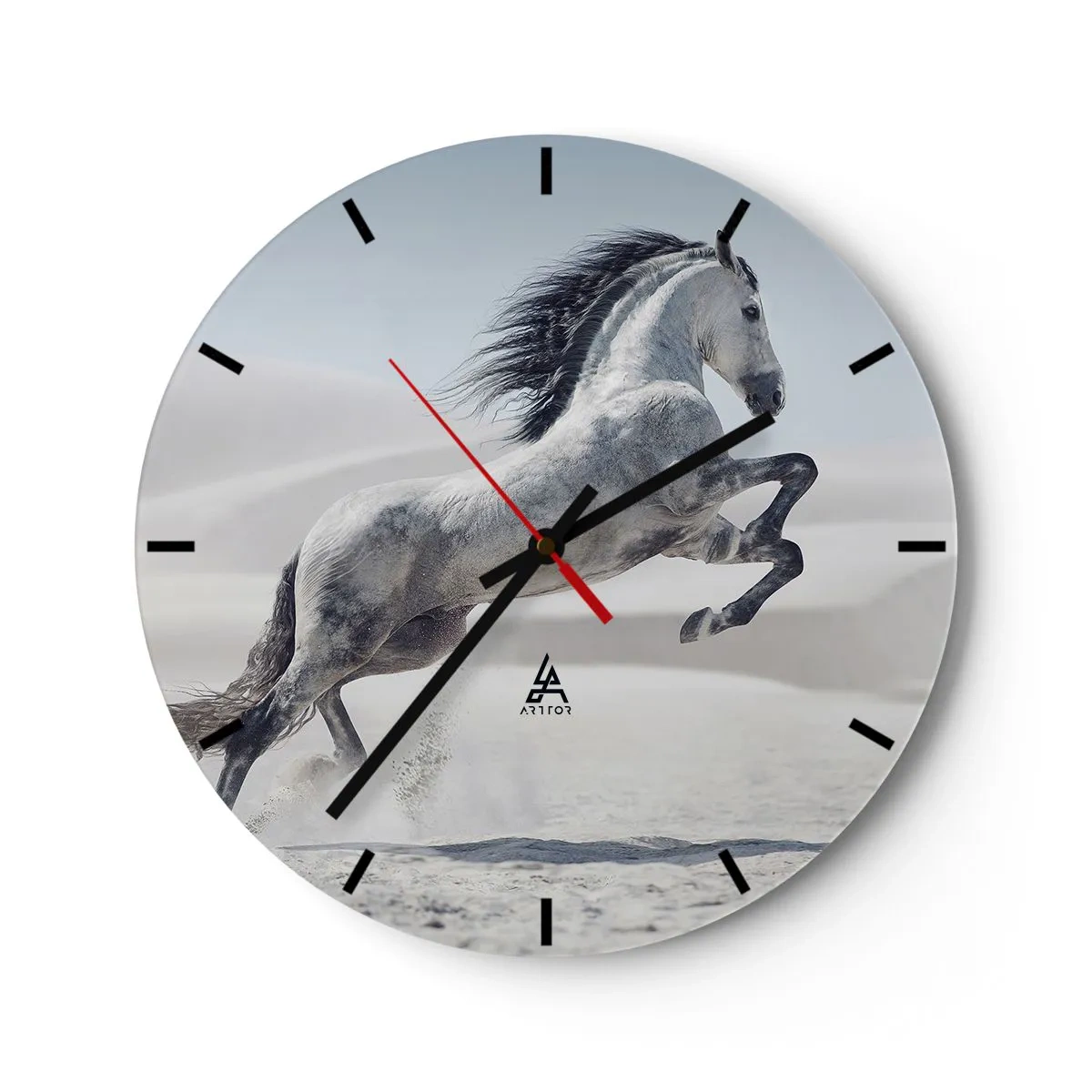 Ceas de perete - Ceas pe sticlă - Un cal arab săritor pe un fundal deșertic - 30x30cm - Prinț arab - Decorațiune modernă pentru perete pentru living, bucătărie și dormitor ARTTOR