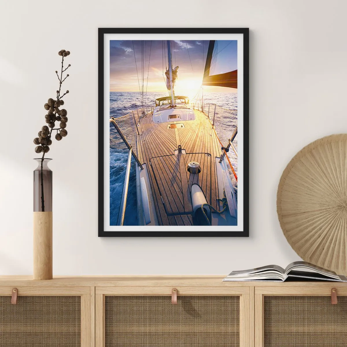 Poster în ramă neagră - Punte de iaht cu vedere la ocean și apus - 50x70cm - Alergând pe valuri - Decorațiune modernă pentru perete pentru living și dormitor ARTTOR