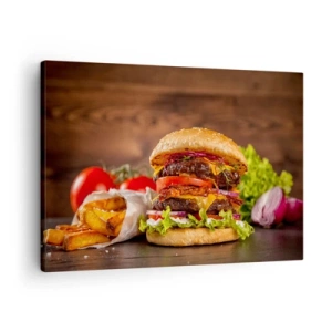 Tablou pe pânză Canvas - Burger apetisant cu extrasuri - 70x50cm - Fruct interzis - Decorațiune modernă pentru perete pentru living și dormitor ARTTOR