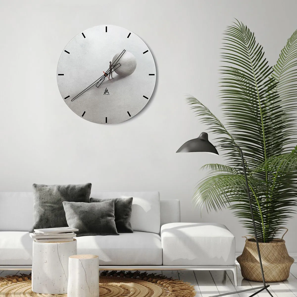 Ceas de perete - Ceas pe sticlă - O figură împinge o minge pe un fundal luminos al deșertului într-o scenă simbolică. - 30x30cm - Jocul vieții - Decorațiune modernă pentru perete pentru living, bucătărie și dormitor ARTTOR