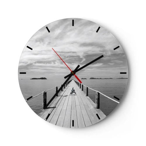 Ceas de perete - Ceas pe sticlă - Un dig care duce în depărtare peste suprafața calmă a mării - 30x30cm - Ce zici de o călătorie... - Decorațiune modernă pentru perete pentru living, bucătărie și dormitor ARTTOR