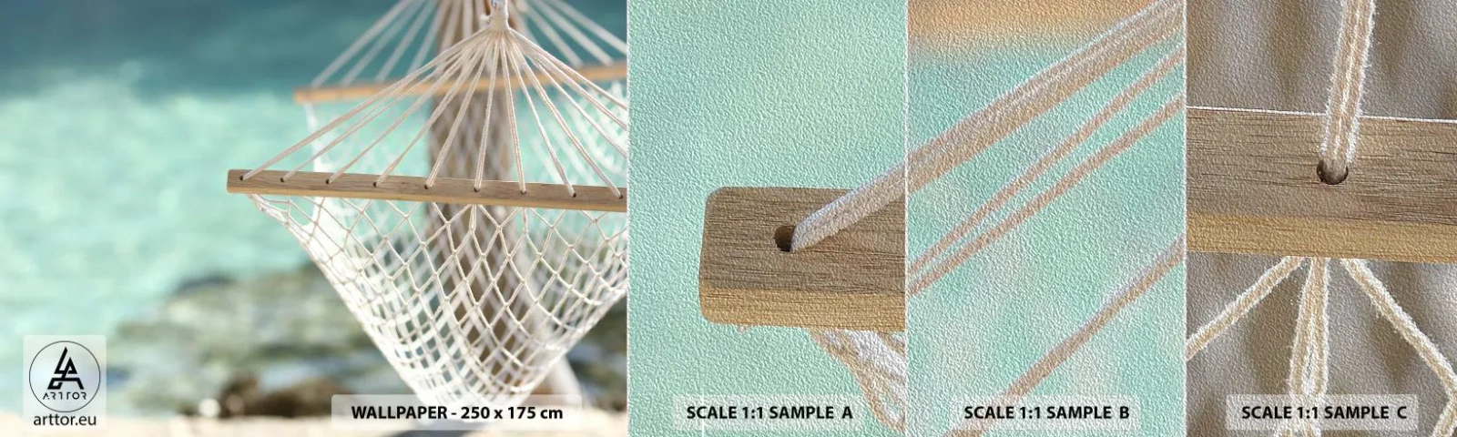 Mostră tapet Premium Sand - Timp de relaxare - Hamac, plajă, Călătorii - 100x30 cm
