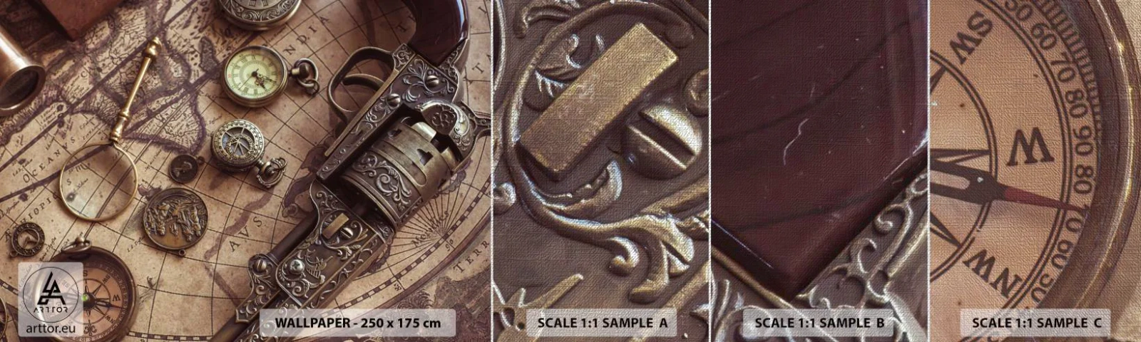 Mostră tapet Premium Canvas - Sugestii de aventură - Harta lumii, Busolă, Revolver - 100x30 cm