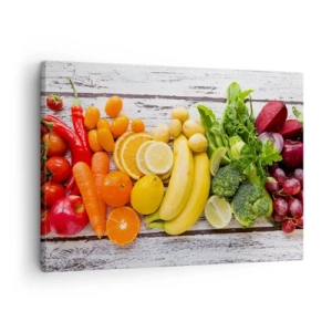 Tablou pe pânză Canvas - Fructe și legume colorate pe un fundal de lemn - 70x50cm - Nu este de ajuns? - Decorațiune modernă pentru perete pentru living și dormitor ARTTOR
