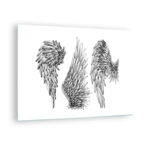 Tablou pe sticlă - Aripi de înger în grafică artistică alb-negru - 70x50cm - Și tu poți fi un înger - Decorațiune modernă pentru perete pentru living și dormitor ARTTOR