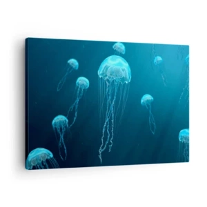 Tablou pe pânză Canvas - Meduze plutitoare în adâncurile oceanului în tonuri albastre - 70x50cm - Dansul oceanic - Decorațiune modernă pentru perete pentru living și dormitor ARTTOR