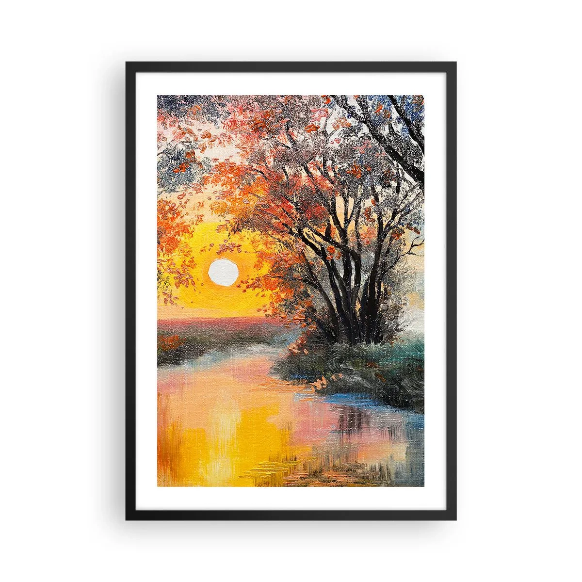 Poster în ramă neagră - Apus de soare peste un râu cu copaci - 50x70cm - Atmosferă de toamnă - Decorațiune modernă pentru perete pentru living și dormitor ARTTOR